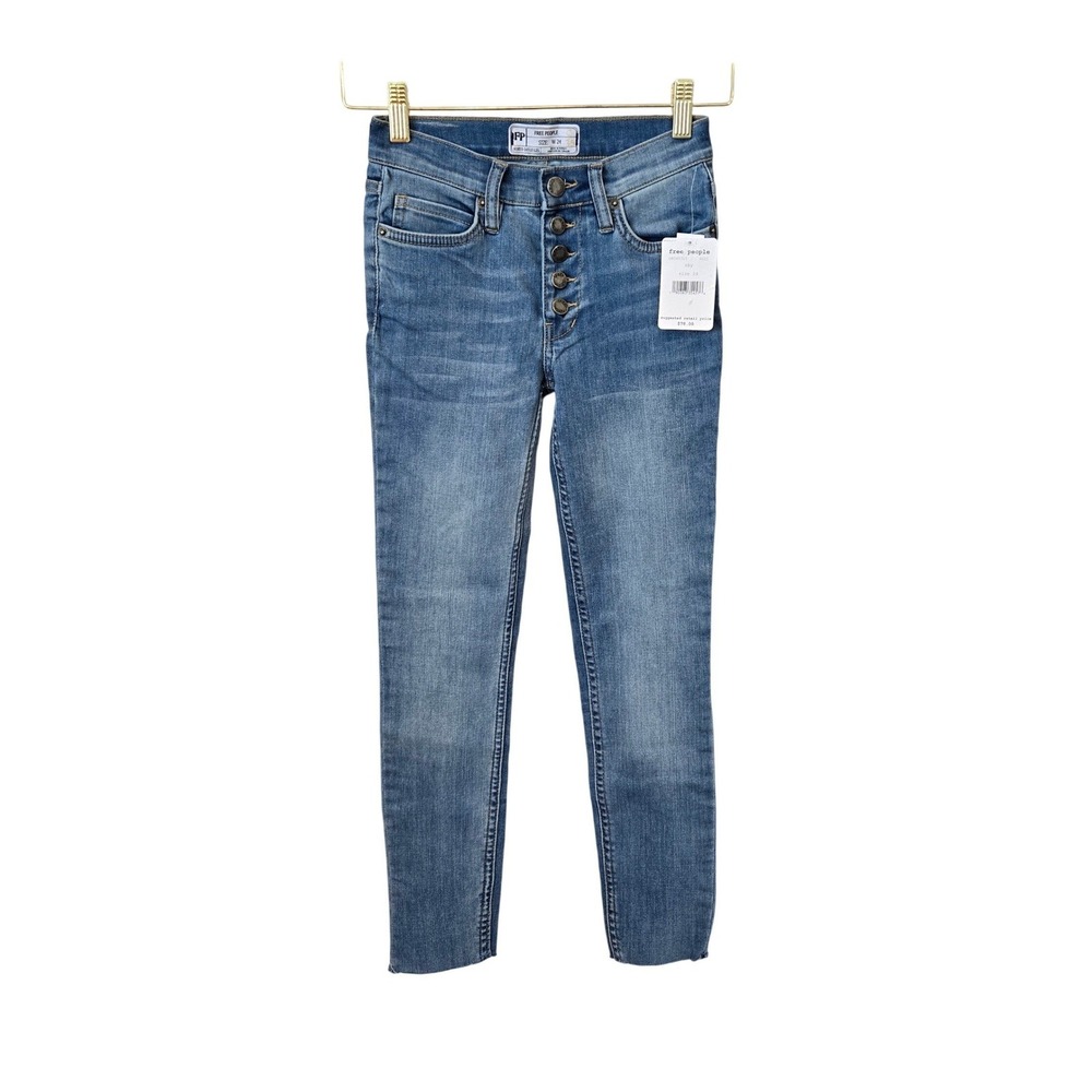 Free People Sky High Rise Skinny Jeans Blue Button Fly Raw Hem Size 24/ 0, Boho